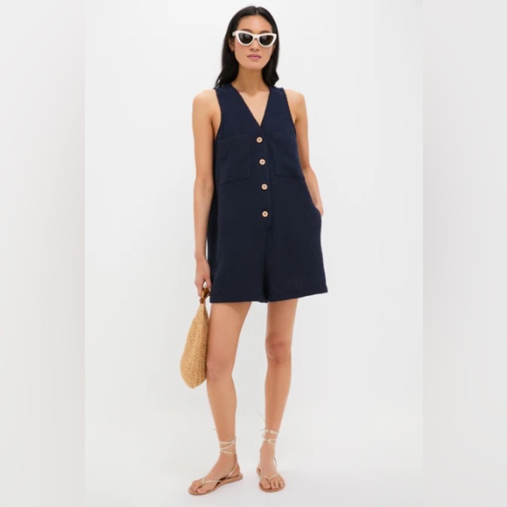 Tuckernuck Navy Sleeveless Button-Down Romper